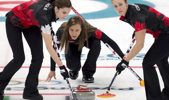 PyeongChang Korea, February 21, 2018.Winter Olympics.Canada skip Rachel Homan, lead Lisa Weagle (L), second Joanne Courtney.WCF/Curling Canada/ michael burns photo
